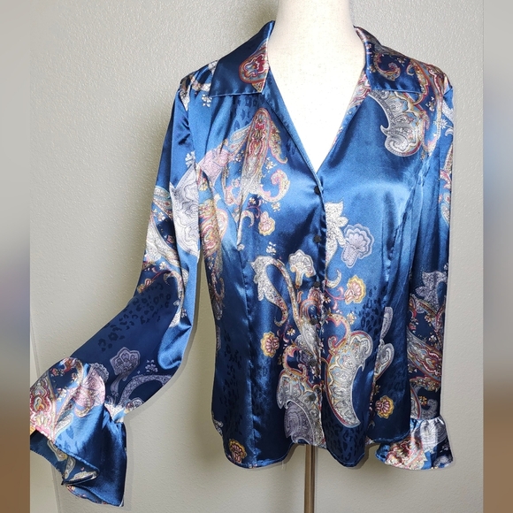 Spense Paisley Satin Blouse - Blue pink Ruffle Statement Sleeve Button Up Large - Picture 8 of 16